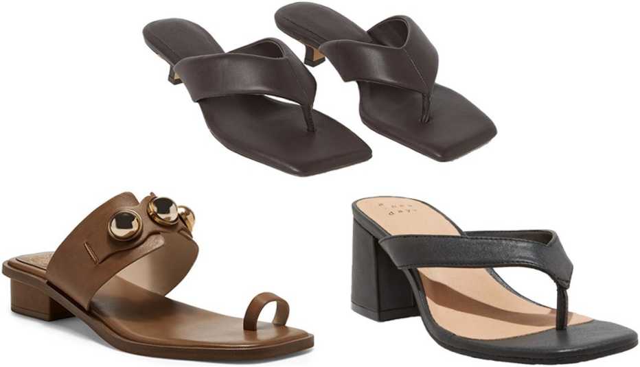 Vince Camuto Yevinny Sandal in light brown; theH&M Toe-Post Slip-On Sandals in dark brown; A New Day Hazel Heel Thong Sandals in black