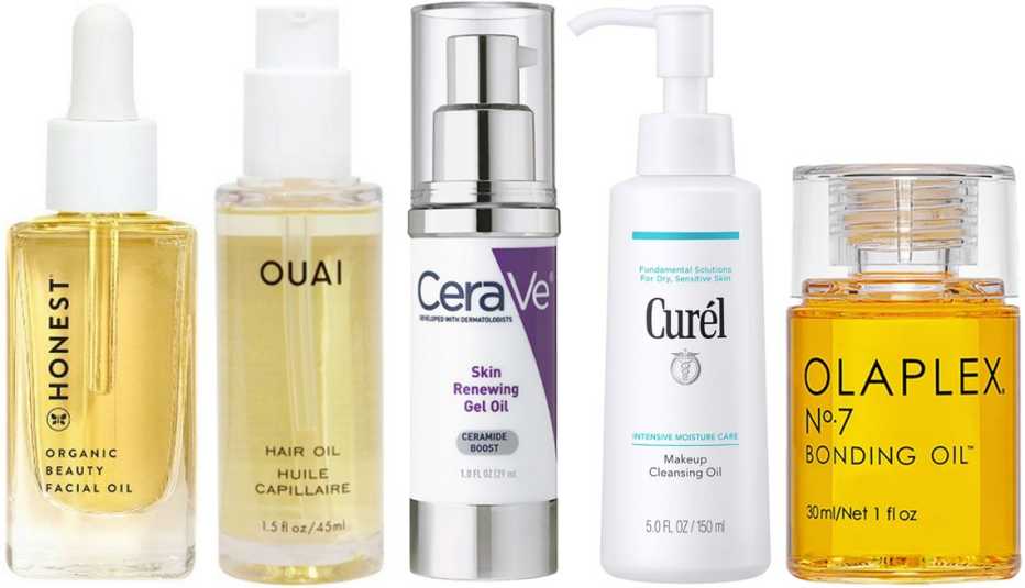 Honest Beauty Organic Beauty Facial Oil; Ouai Hair Oil-Ulta Beauty; CeraVe Skin Renewing Gel Oil; Curél Makeup Cleansing Oil; Olaplex No7 Bonding Oil