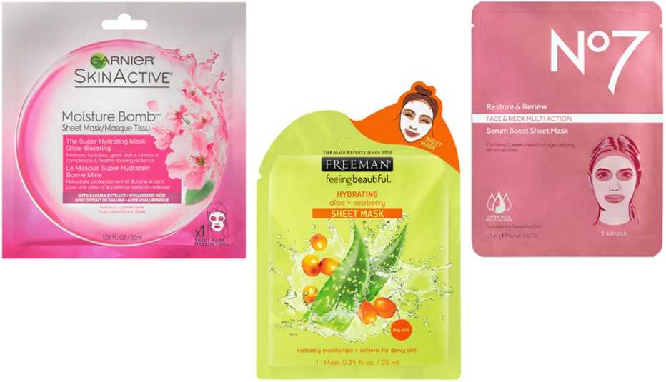 Garnier SkinActive MoistureBomb Super Hydrating Glow-Boosting Sheet Mask; Freeman Hydrating Aloe & Seaberry Mask; No7 Restore & Renew Serum Boost Sheet Mask