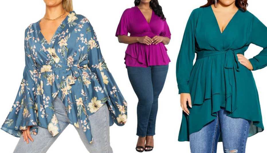 Boohoo Plus Extreme Wide Sleeve Wrap Top in Blue; Kiyonna Marcy Empire Waist Top for Dia & Co in Magenta; City Chic Shibara Faux Wrap High/Low Top in Alpine Plus Size