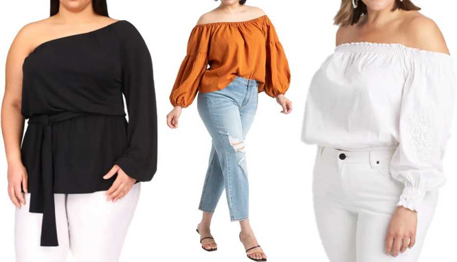 Michael Michael Kors One-Shoulder Tunic Plus in Black; Eloquii Slouchy Puff Sleeve Blouse in Spice Route; Lane Bryant Shirred Off-the-Shoulder Crop Top with Crochet in White