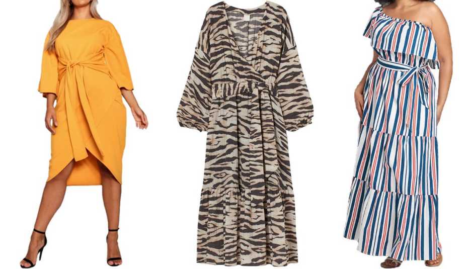 Boohoo Plus Kimono Sleeve Wrap Over Midi Dress in Mustard; H&M Long Wrap Dress in Beige/Zebra Print; Lane Bryant Multi-Way Off-the-Shoulder Poplin Maxi Dress in Stripe