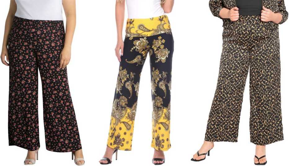 Kiyonna Mitchie Wide-Leg Pants in Black/Red for Dia & Co; White Mark Women's Floral Paisley Printed Palazzo Pants in Black/Gold; Eloquii Wide Leg Pull On Pant in Black Coffee