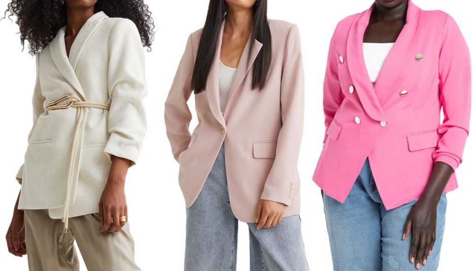 H&M Gathered-Sleeve Jacket in Cream; H&M Single-Breasted Jacket in Light Pink; Eloquii Double Breasted Blazer in Phlox Pink