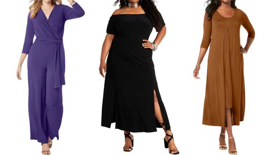 Jessica London Wide Leg Jumpsuit in Midnight Violet; Ashley Stewart Off the Shoulder Slit Front Maxi in Black; Jessica London Double Layered Dress in Antique Copper