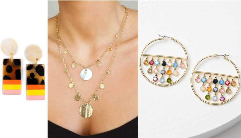 Desert Sun Horn Statement Earrings; Ettika Set of 2 Station Necklaces in Gold; Loft Beaded Hoop Statement Earrings