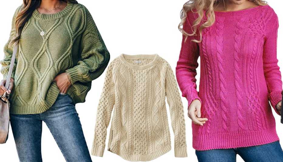 Jollycode Women’s Long Sleeve Cable Knit Pullover Sweater in Army Green; L.L. Bean Women’s Signature Cotton Fisherman Tunic Sweater in Beige; Wodstyle Women’s Cable Knitted Pullover in Rose Red