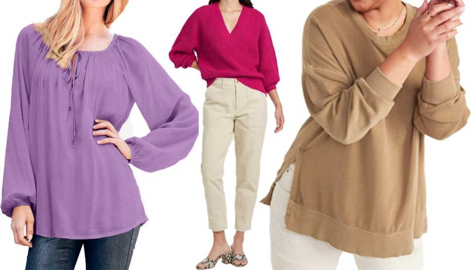 Ellos Tie Neck Peasant Tunic in Dark Lavender; A New Day Women’s V-Neck Pullover Sweater in Dark Pink; Old Navy Vintage Long-Sleeve Garment-Dyed French-Terry Tunic Sweatshirt for Women in Bourbon