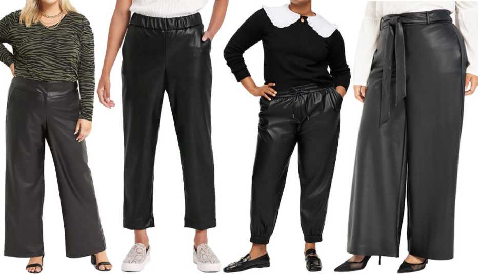Lane Bryant Faux Leather Wide-Leg Pant in Black; A New Day Women’s High-Rise Faux Leather Pull-on Pants; Mango Faux Leather Pants in Black, Plus-Size; Eloquii Tie Waist Wide Leg Faux Leather Pant in Black