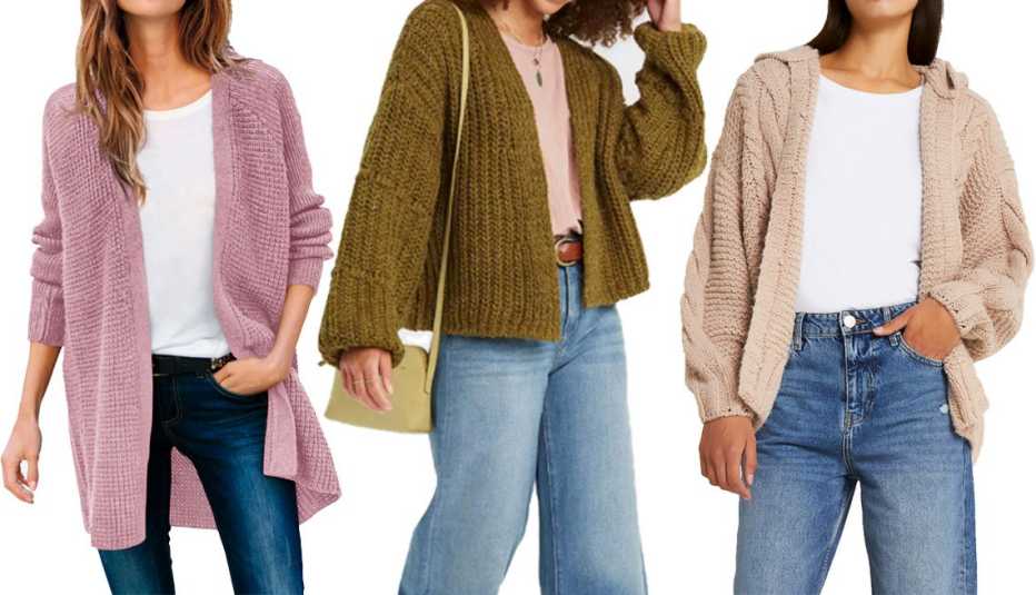 Ellos Open Front Waffle Cardigan in Dusty Pink; Universal Thread Women’s Cardigan in Green; River Island Beige Cable Knit Hooded Cardigan