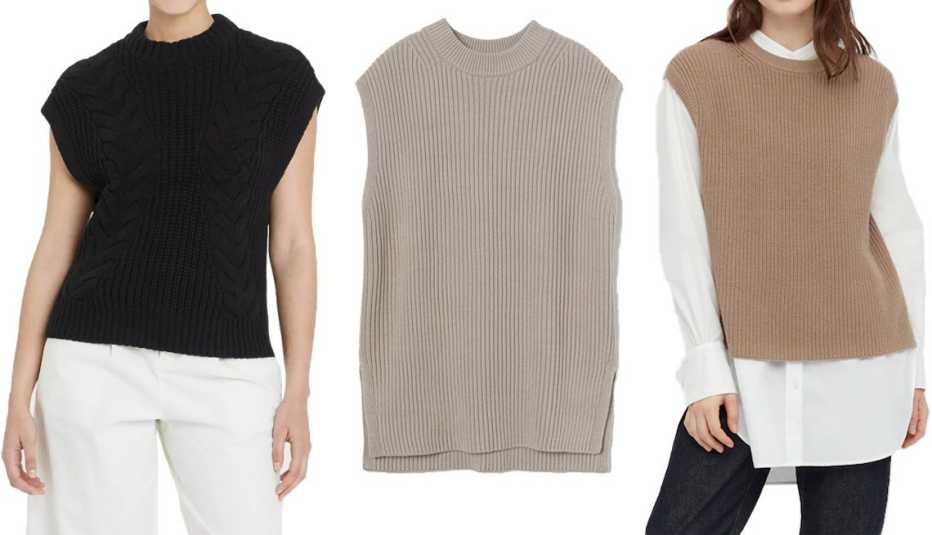A New Day Women’s Crewneck Cable Knit Sweater Vest in Black; H&M Oversized Sweater Vest in Taupe; Uniqlo Women Side Slit Vest in 34 Brown