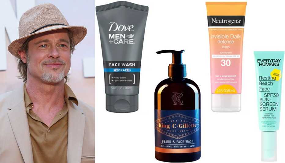 Brad Pitt wearing a straw fedora hat; Dove Men+Care Hydrate + Facial Cleanser; King C. Gillette Men's Beard and Face Wash with Coconut Water; Neutrogena Invisible Daily Defense Sunscreen Lotion SPF 30; Everyday Humans Resting Beach Face Sunscreen Serum SP