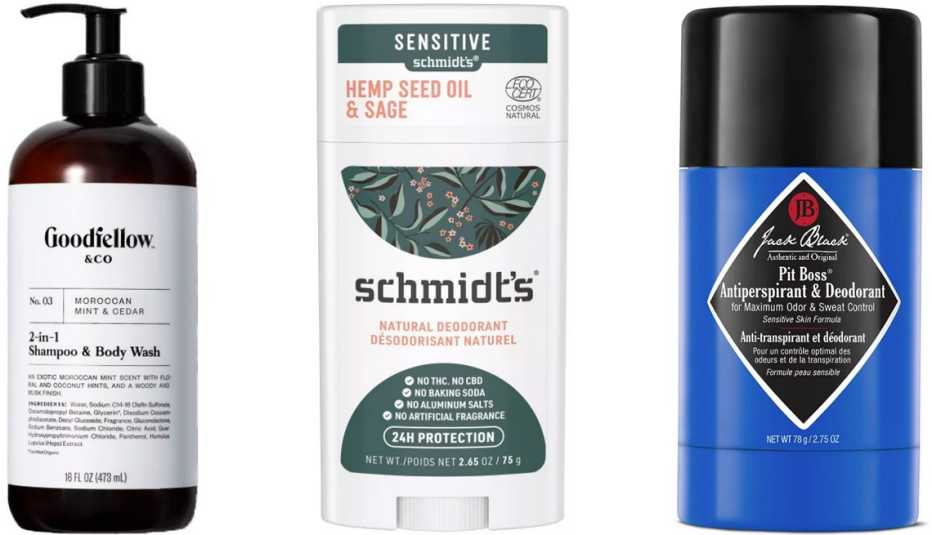 Goodfellow & Co No.3 Moroccan Mint & Cedar 2-in-1 Shampoo & Body Wash; Schmidt's Sage + Vetiver Hemp Seed Oil Natural Deodorant Stick; Jack Black Pit Boss Antiperspirant & Deodorant