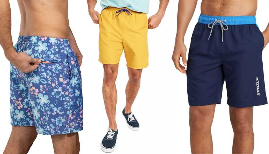 Chubbies The Buds 7-Inch Faded Stretch with Zipper Back Pocket; Old Navy Solid-Color Swim Trunks for Men — 8-Inch Inseam in Lemonade; Speedo Men's 9-Inch Marina Long Volley Swim Trunks