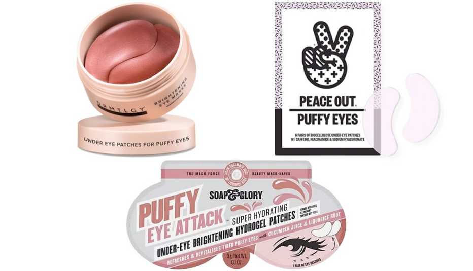 DRMTLGY Brightening Caffeine Eye Masks with Hyaluronic Acid; Peace Out Puffy Eyes Biocellulose Under-Eye Patches; Soap & Glory Puffy Eye Attack Under Eye Brightening Hydrogel Patches