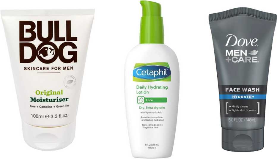 Bulldog Skincare for Men Original Face Moisturizer; Cetaphil Daily Hydrating Lotion for Face; Dove Men+Care Hydrate+ Face Wash