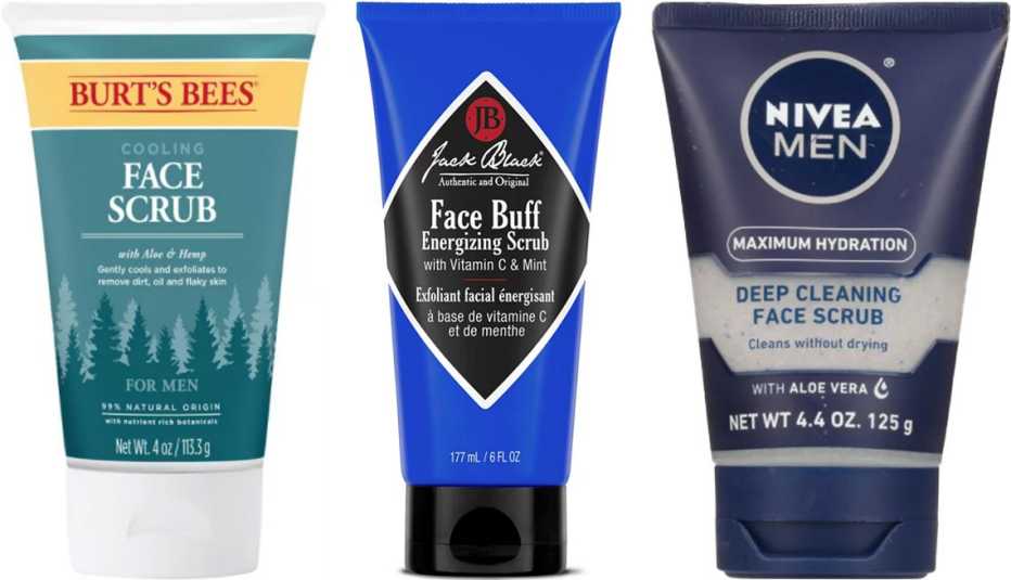 Burt's Bees Men's Face Scrub; Jack Black Face Buff Energizing Scrub; Nivea Men Maximum Hydration Face Scrub