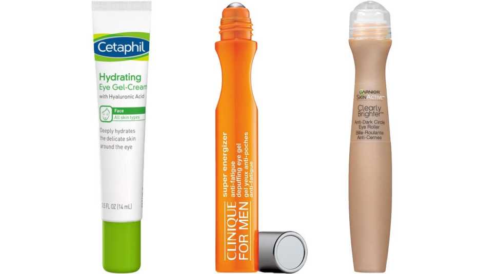 Cetaphil Hydrating Eye Gel Cream; Clinique for Men Anti-Fatigue Eye Gel; Garnier SkinActive Clearly Brighter Anti-Dark Circle Eye Roller