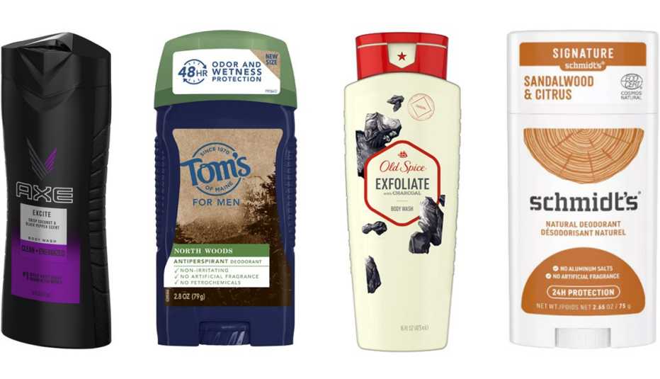 Axe Body Wash for Men Excite; Tom's of Maine Men's North Woods Antiperspirant Deodorant; Old Spice Body Wash for Men Inspired by Nature in Deep Sea Minerals; Schmidt's Sandalwood & Citrus Aluminum Free Natural Deodorant Stick