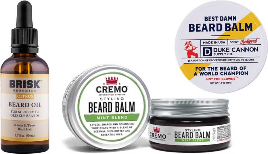 Brisk Grooming Beard Oil in Citrus; Cremo Styling Beard Balm Mint Blend; Duke Cannon Best Damn Beard Balm