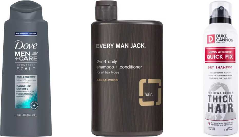Dove Men+Care Dandruff Defense 2-in-1 Anti-Dandruff Shampoo and Conditioner; Every Man Jack 2-in-1 Daily Shampoo and Conditioner in Sandalwood; Duke Cannon Supply Company News Anchor Quick Fix Dry Shampoo