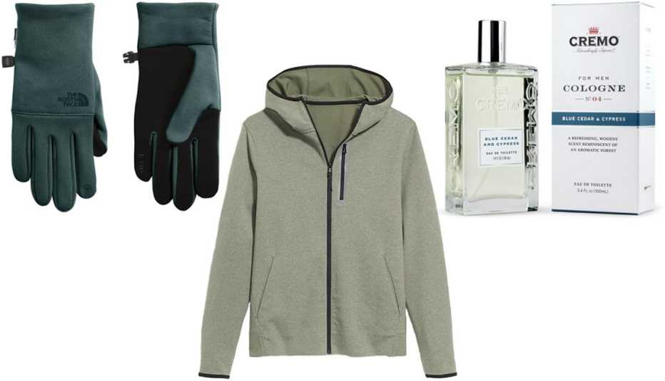 The North Face Men’s Etip Recycled Gloves in Dark Sage Green; Old Navy Dynamic Fleece Full-Zip Hoodie for Men in Sage Green; Cremo Blue Cedar and Cypress Men’s Spray Cologne