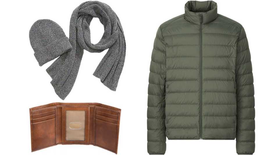 Old Navy Gender-Neutral Rib-Knit Scarf & Beanie Hat Set for Adults in Gray Marl; Uniqlo Men Ultra Light Down Jacket in 58 Dark Green; Goodfellow & Co Thin Trifold Wallet in Brown