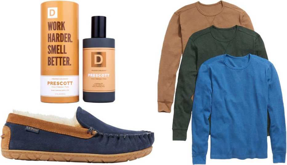 Duke Cannon Supple Co Prescott Proper Cologne; Old Navy Thermal-Knit Long-Sleeve T-Shirt 3-Pack for Men in Deep Blue, Dark Green, Butterscotch; L.L.Bean Men’s Wicked Good Slippers, Venetian in Carbon Navy/Saddle