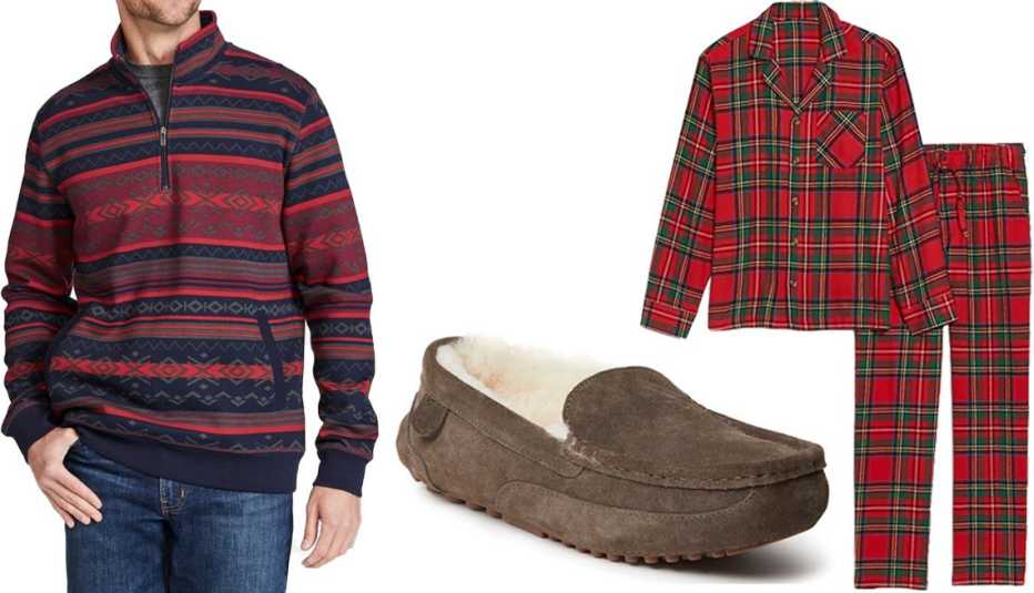 L.L.Bean Men’s Athletic Sweats, Quarter-Zip Pullover in Navy Fair Isle; Fireside by Dearfoams Melbourne Moccasin Slippers in Dark Brown; Old Navy Matching Plaid Flannel Pajama Set for Men in Red & Green Tartan