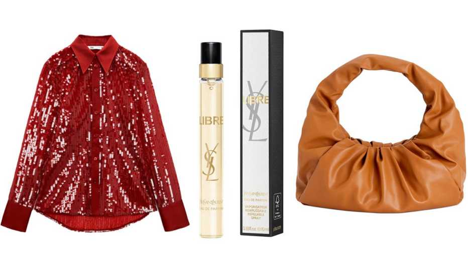 Zara Sequin Shirt in Dark Red; Yves Saint Laurent ﻿Libre Eau de Parfum Travel ﻿Spray; Time and Tru Women’s Slouchy Shoulder Bag in Trailblazer Brown