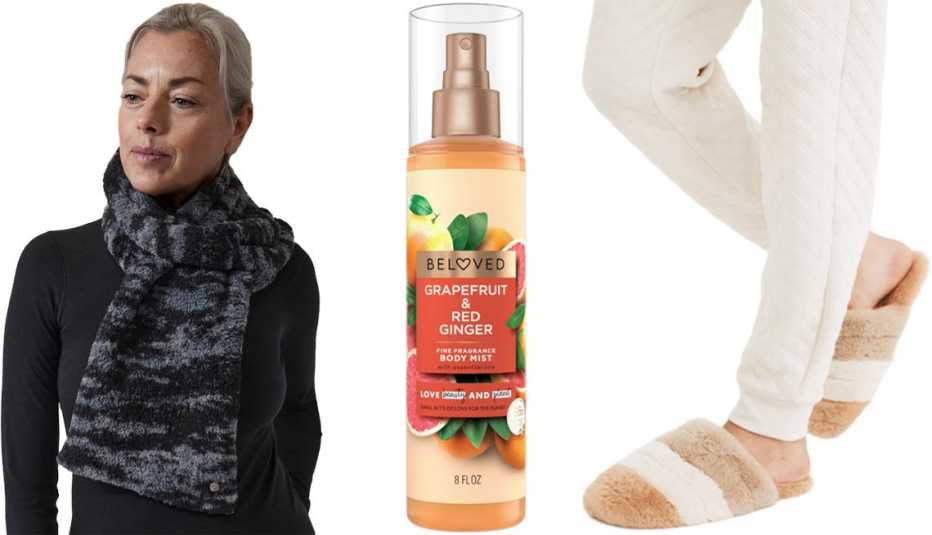 Athleta Tugga Scarf in Fog Camo Metropolis Grey; Beloved Grapefruit Oil & Red Ginger Body Mist; Madewell Colorblock Quilted Scuff Slippers in Recycled Faux Fur in Light Sand Multi