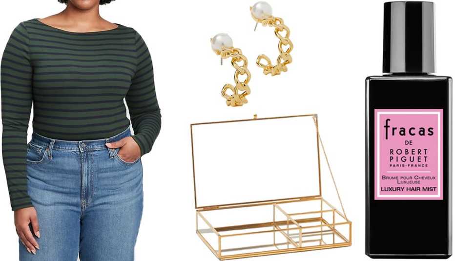 Gap Modern Long Sleeve Striped Boatneck T-Shirt in Navy Blue ﻿and Green Stripe; Ann Taylor Pearlized Chain Hoop Earrings; H&M Clear Glass Jewelry Box in Gold-colored; Robert Piguet Fracas Luxury Hair Mist