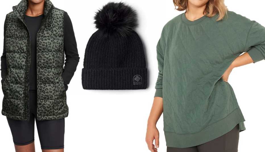 Gap 100% Recycled Nylon Relaxed Lightweight Puffer Vest in Olive ﻿Green and Black Leopard﻿; Women’s Columbia Winter Blur Pom Pom Beanie in Black; Old Navy Long﻿-Sleeve Vintage Quilted Tunic Sweatshirt for Women in Terrestrial Green