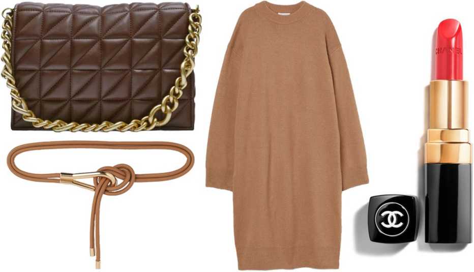 Zara Quilted Chain Strap Shoulder Bag in Chocolate Brown﻿; H&M Waist Belt in Brown; H&M Knit Dress in Dark Beige; Chanel Rouge Coco Ultra Hydrating Lip Colour in 472 Experimental