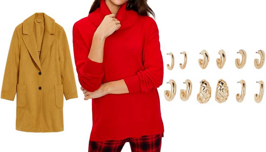 Old Navy Oversized Soft-Brushed Overcoat for Women in Sunflower Gold; Loft Cowl Tunic Sweater in Tango Red; H&M 6 Pairs Hoop Earrings in Gold-colored
