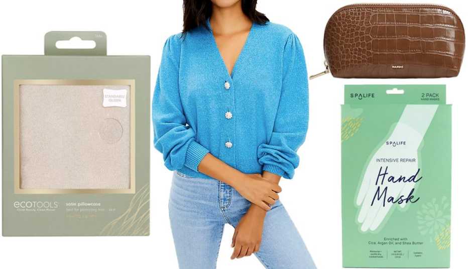 EcoTools Satin Pillowcase in Cream; Loft Jeweled Button Cardigan in Blue Lake; Mango Croc-effect Cosmetic Bag; 