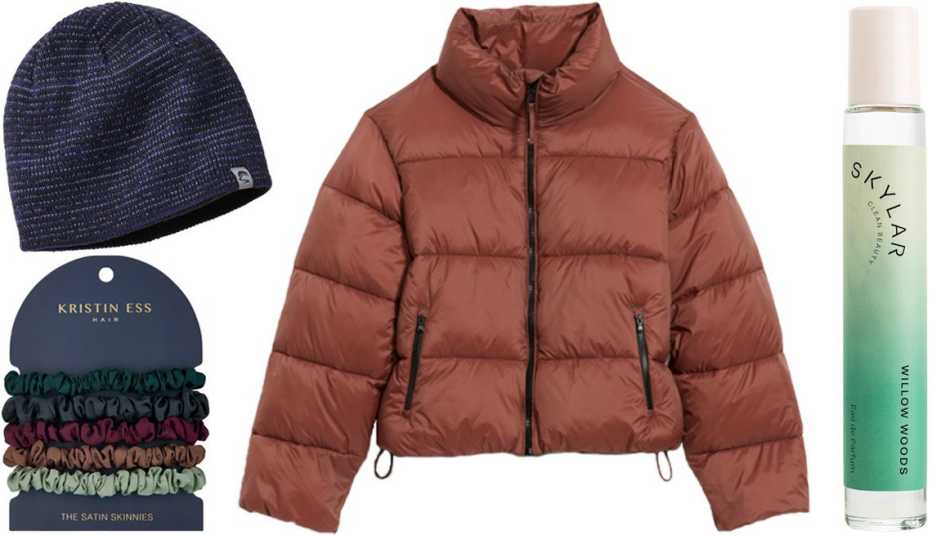 L.L.Bean Adults’ Sunday Afternoons Nightfall Reflective Beanie in Black; Kristin Ess Satin Skinnies; Old Navy Water Resistant Frost Free ﻿Short Puffer Jacket for Women in Trident Maple; Skylar Willow Woods Eau de Parfum Rollerball