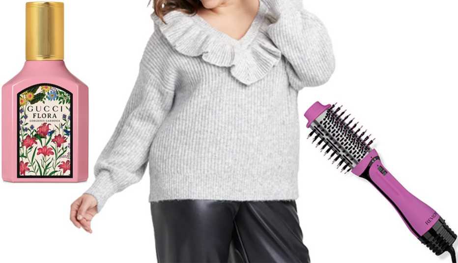 Gucci Flora Gorgeous Gardenia Eau de Parfum Spray; A New Day Women’s V-Neck Ruffle Pullover Sweater in Gray; Revlon One-Step Pink Hair Dryer & Volumizer PLUS