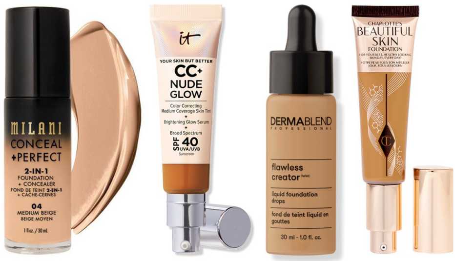 Milani Conceal + Perfect 2-in-1 Foundation + Concealer;  IT Cosmetics CC+ Nude Glow Lightweight Foundation + Glow Serum with SPF 40;  Dermablend Flawless Creator Liquid Foundation Drops;  Charlotte Tilbury Beautiful Skin Foundation