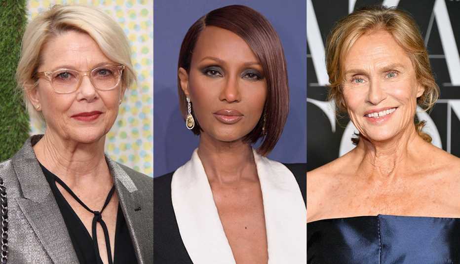 Side by side images of Annette Bening, Iman and Lauren Hutton
