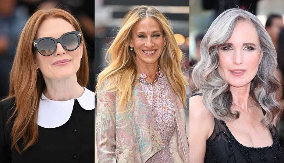 close up of the hair highlights for julianne moore sarah jessica parker and andie macdowell