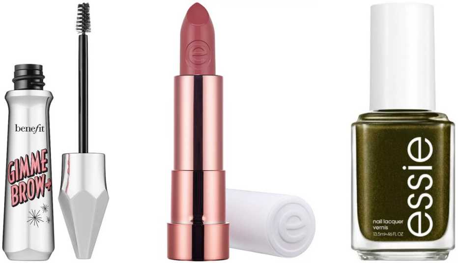 Benefit Gimme Brow+ Tinted Volumizing Eyebrow Gel; Essence This is Nude Lipstick in Real; Essie Limited Edition Fall 2021 Nail Polish Collection in High Voltage Vinyl