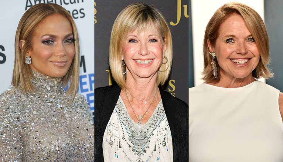 Side by side images of Jennifer Lopez, Olivia Newton-John and Katie Couric