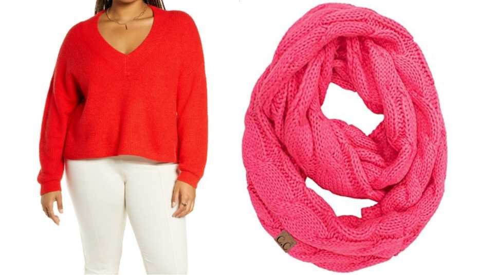 Open Edit Plus Rib Crop V-Neck Sweater in Red Bloom and Funky Junque’s Ribbed Cable Knit Infinity Scarf in Candy Pink