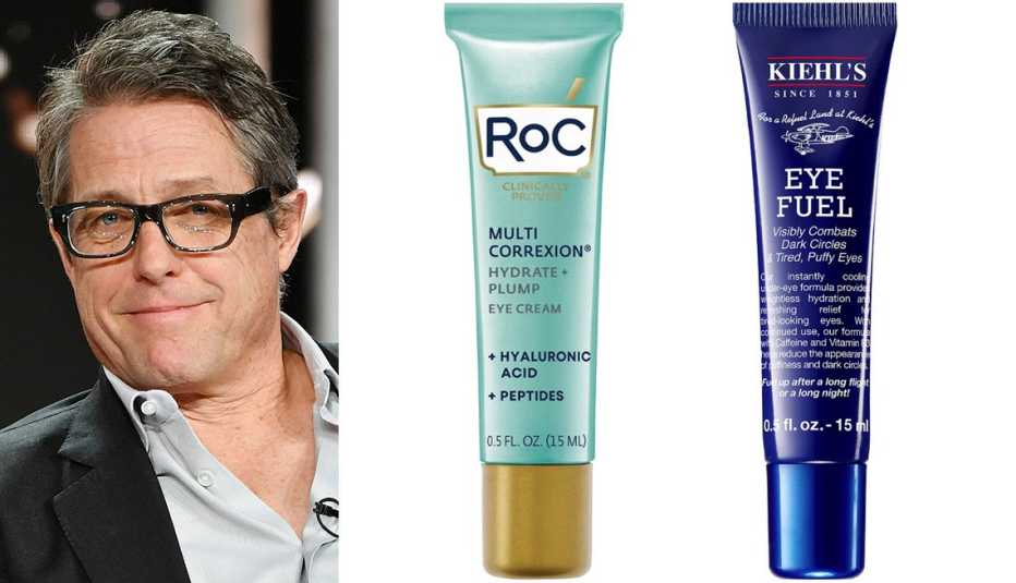 Hugh Grant; RoC Multi-Correxion Hydrate + Plump Hyaluronic Acid Eye Cream; Kiehl’s Since 1851 Eye Fuel