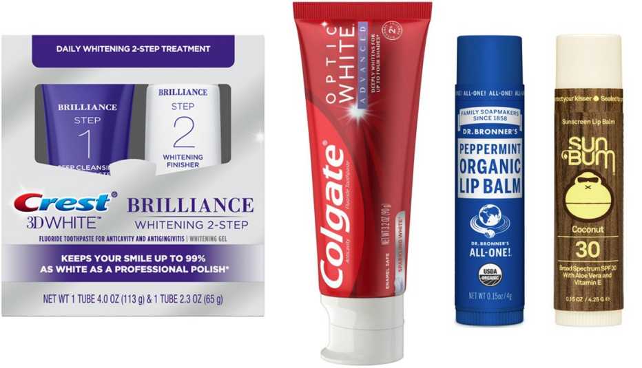 Crest 3D White Brilliance + Whitening Two-Step Toothpaste; Colgate Optic White Advanced Whitening Toothpaste with 2% Hydrogen Peroxide in Sparkling White; Dr. Bronner’s Organic Lip Balm Peppermint; Sun Bum SPF 30 Coconut Lip Balm