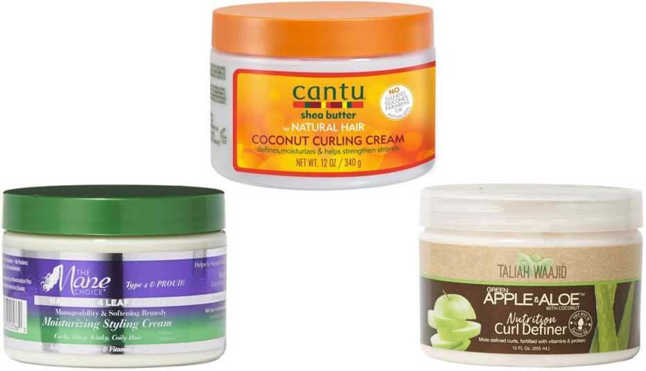 The Mane Choice Manageability & Softening Remedy Moisturizing Styling Cream; Cantu Coconut Curling Cream; Taliah Waajid Green Apple & Aloe Curl Definer