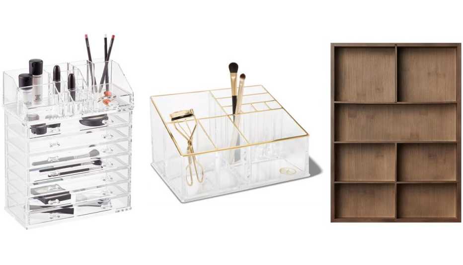 The Container Store Acrylic Makeup Organizer with Drawer; Sonia Kashuk Countertop Makeup Tray Organizer; Marie Kondo 7-Section In-Drawer Organizer