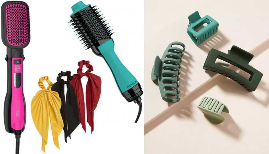 Infiniti Pro by Conair All-In-One Paddle Dryer Brush; Tasha 3-Pack Pleated Hair Scrunchies in burgundy/mustard; Revlon Salon One-Step Hair Dryer and Volumizer in teal/black; Anthropologie Courtside Matte Hair Clip Set