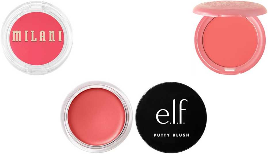 Milani Cheek Kiss Cream Blush in Coral Crush; Stila Convertible Color in Petunia; e.l.f. Cosmetics Putty Blush in Tahiti